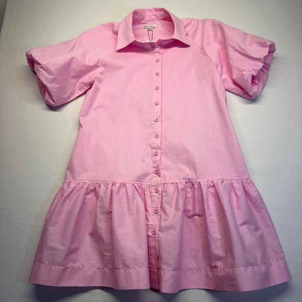 Hunter & Brown Shirt Dress Puff Sleeve S Pink Women Babydoll Ruffle Cotton Mini